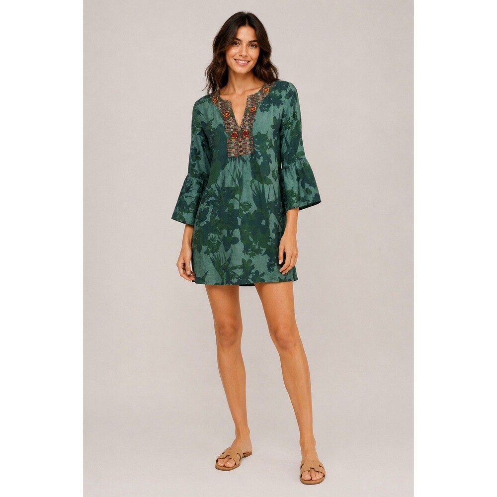 Johnny Was Linen Floral Embroidered Tunic Dress Green Boho Medium Embraided